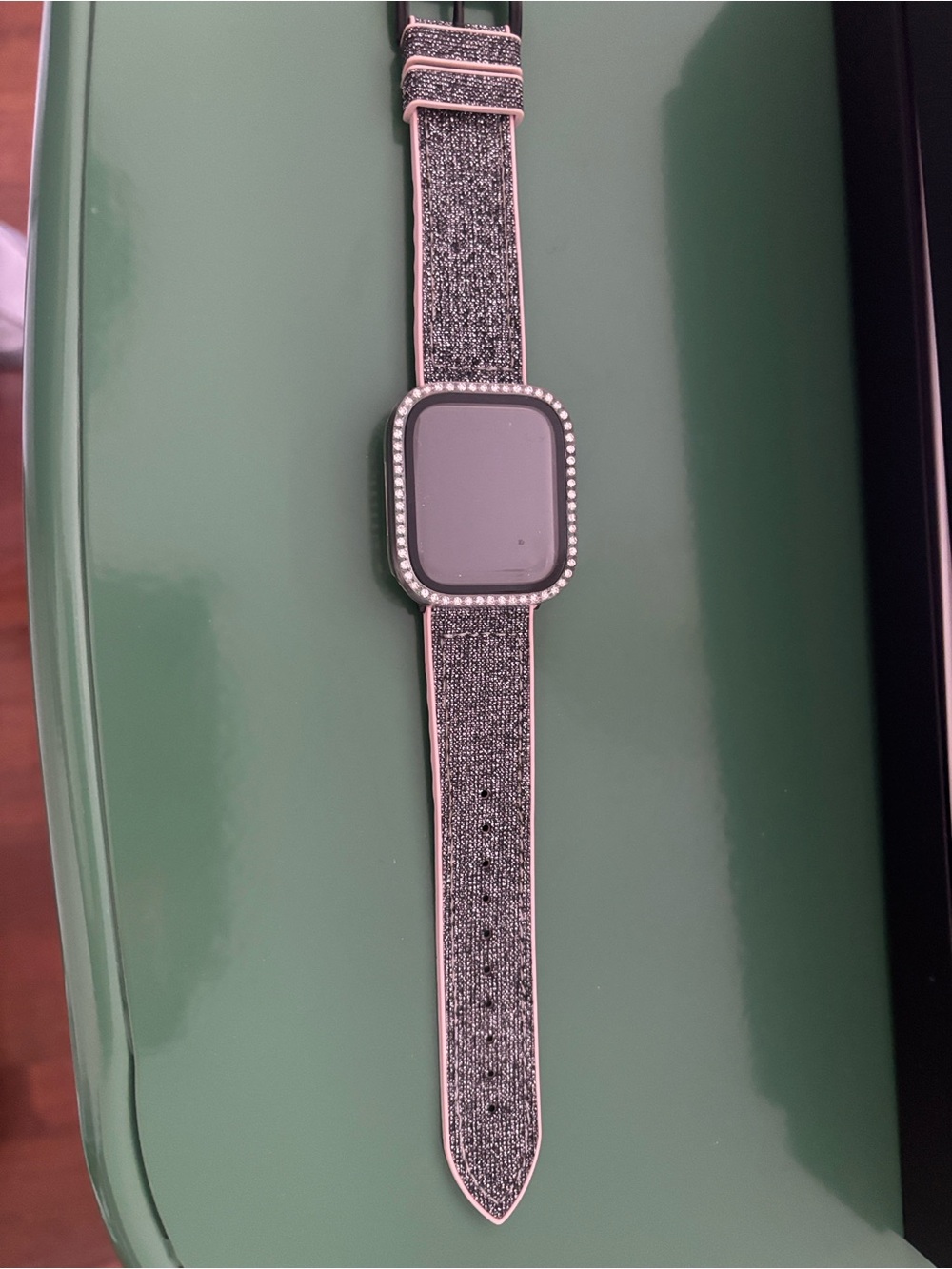 Apple Watch with Fabric Band with Rhinestone Bezel - Gray and Pink - Picture 2 of 5